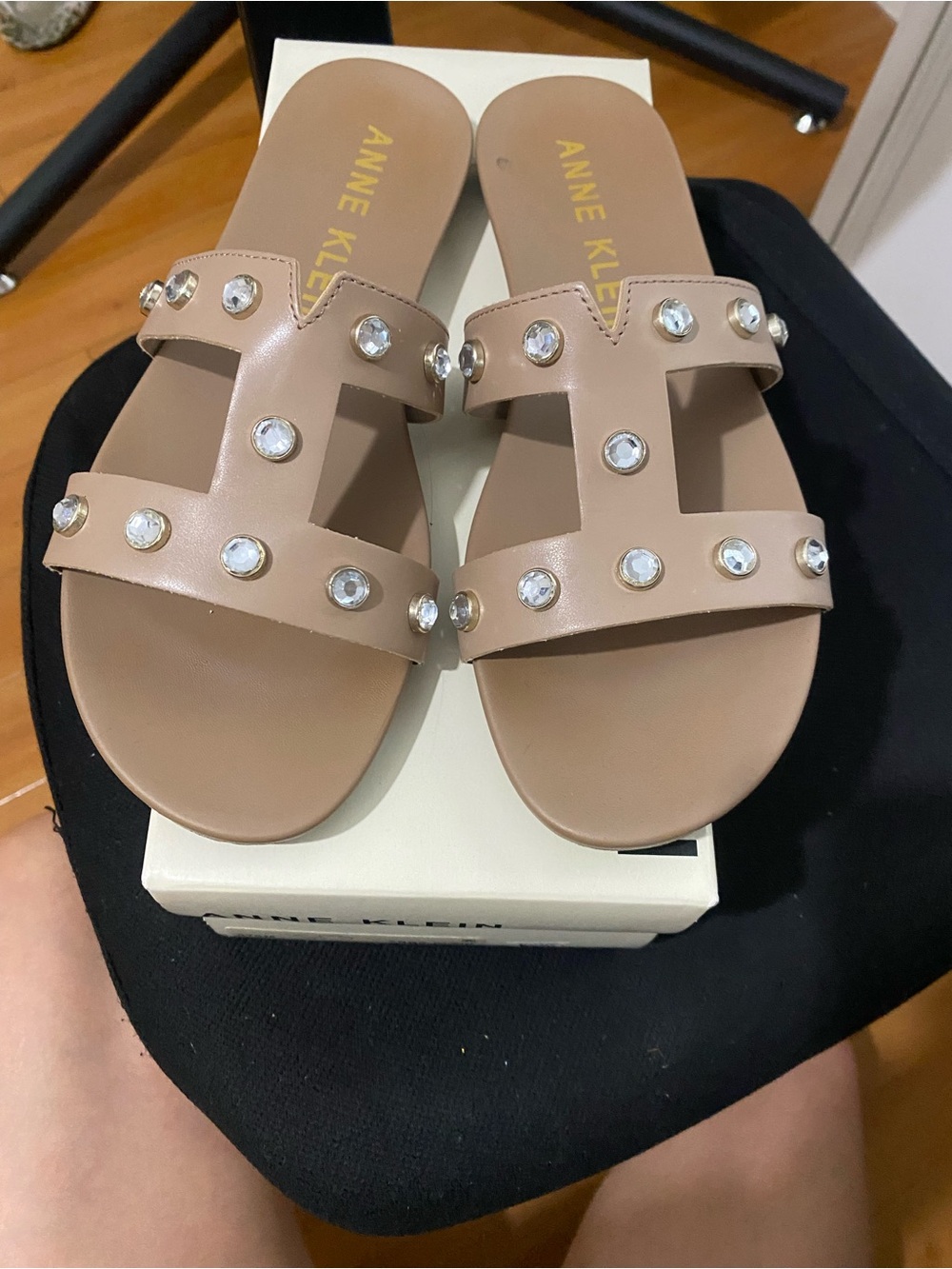 Anne Klein Taupe Studded Double-Band Slide Sandals